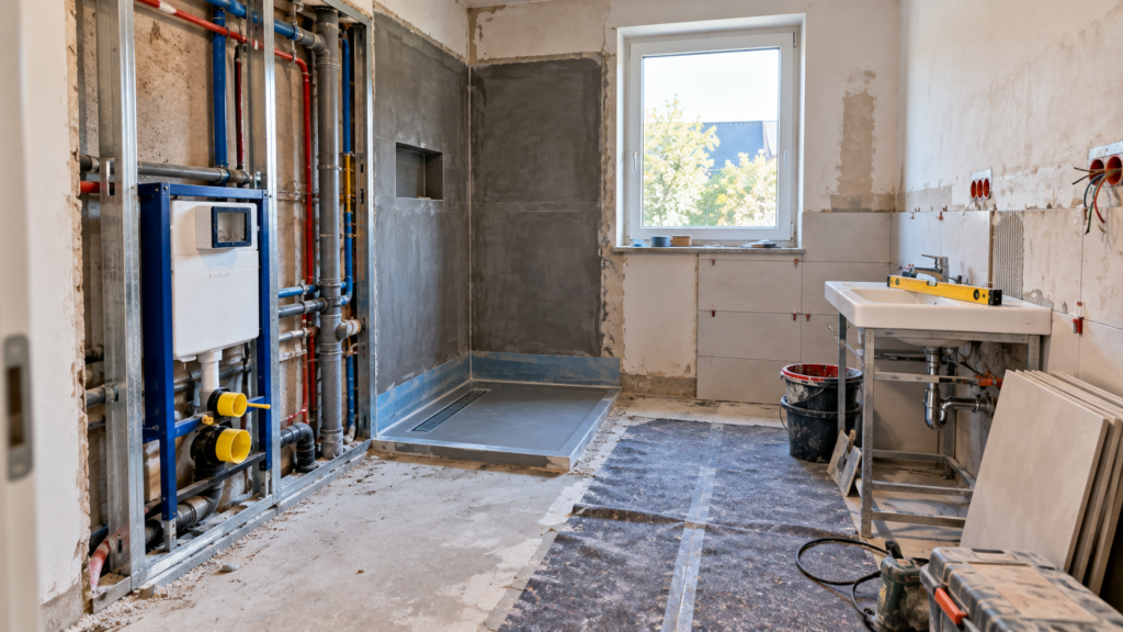 Badezimmer während der Sanierung mit sichtbaren Wasserleitungen und technischen Installationen.