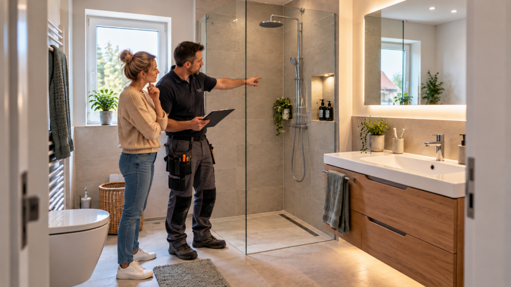 Eigentümerin und Fachhandwerker kontrollieren das Badezimmer vor der Abnahme.