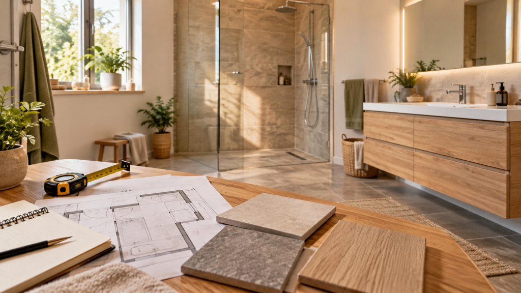 Dusche planen mit Grundriss, Maßband und Checkliste vor Kauf oder Umbau.