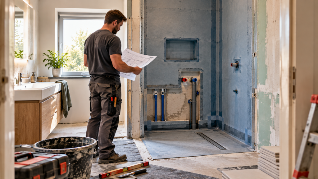 Fachhandwerker prüft die Planung und Anschlüsse vor dem Einbau einer Dusche.