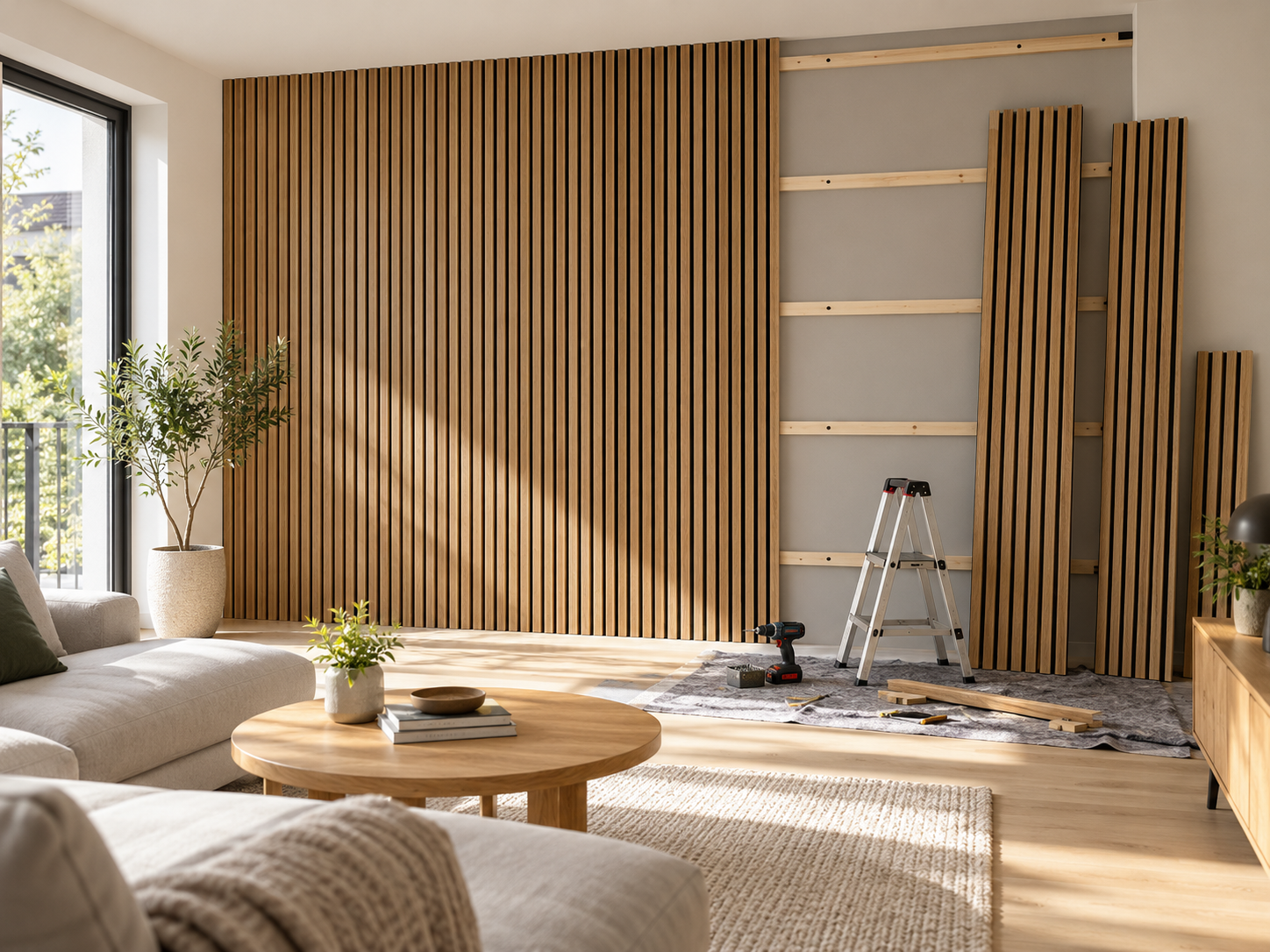 Teilweise montierte Akustikpaneelwand aus Eiche mit sichtbarer Holz-Unterkonstruktion
