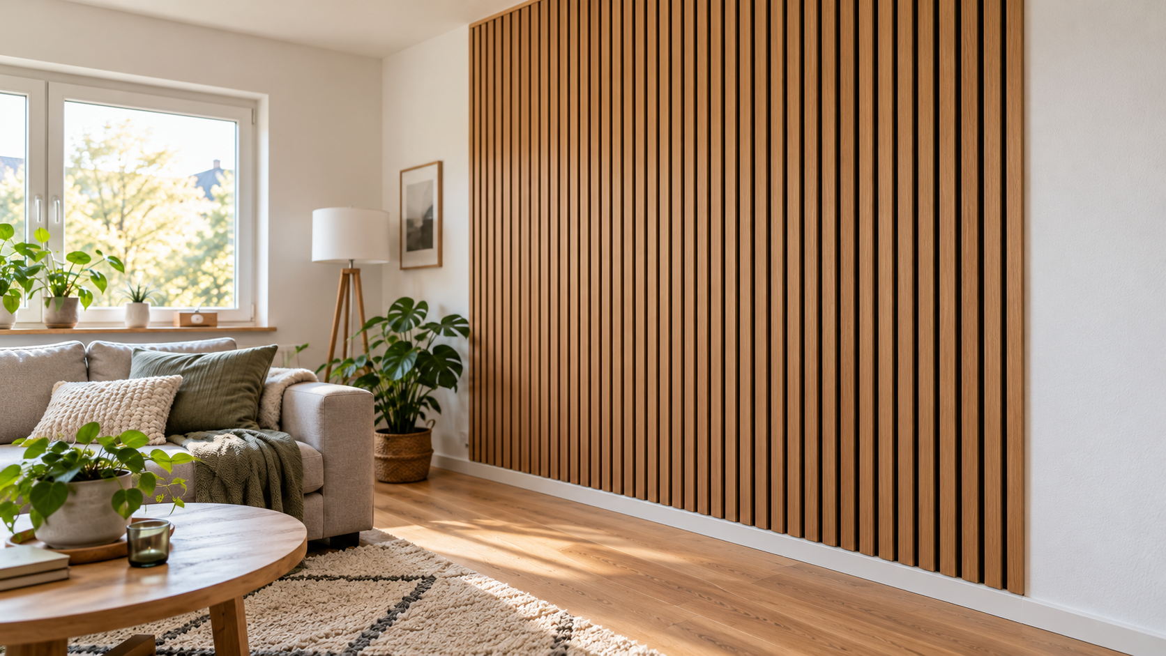 Moderne Eiche-Akustikpaneelwand mit schmalen Abschlussleisten und sauberen Übergängen zu weißer Wand, Decke und Parkett.