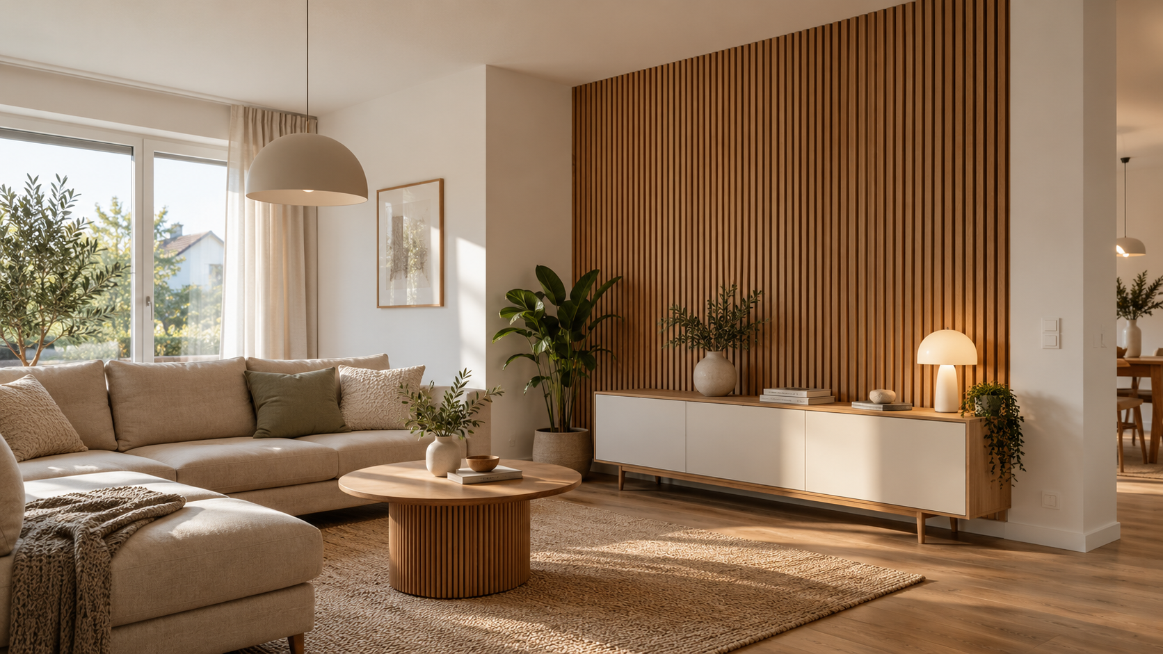 Helles Wohnzimmer mit harmonisch geplanter Akustikpaneelwand aus vertikalen Eichenlamellen, beigem Sofa und Sideboard.