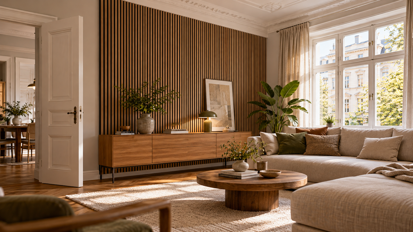 Wohnzimmer mit nachgerüsteter Eiche-Akustikpaneelwand und heller Einrichtung