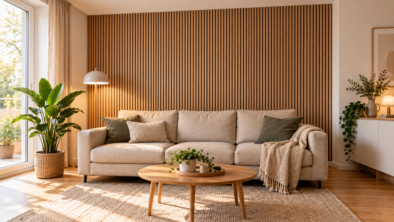 Eiche-Akustikpaneelwand hinter einem beigen Sofa in einem hellen Wohnzimmer