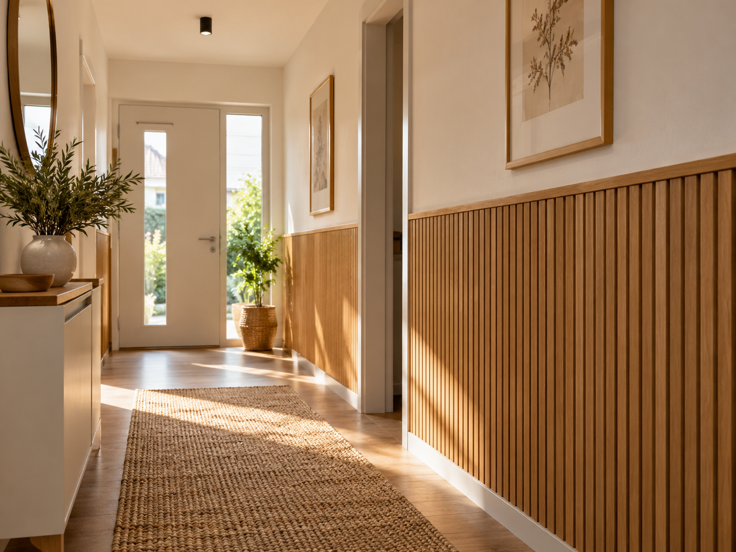 Moderner heller Flur mit halbhohen Eiche-Akustikpaneelen, durchgehender oberer Abschlussleiste und weißer Wand darüber.
