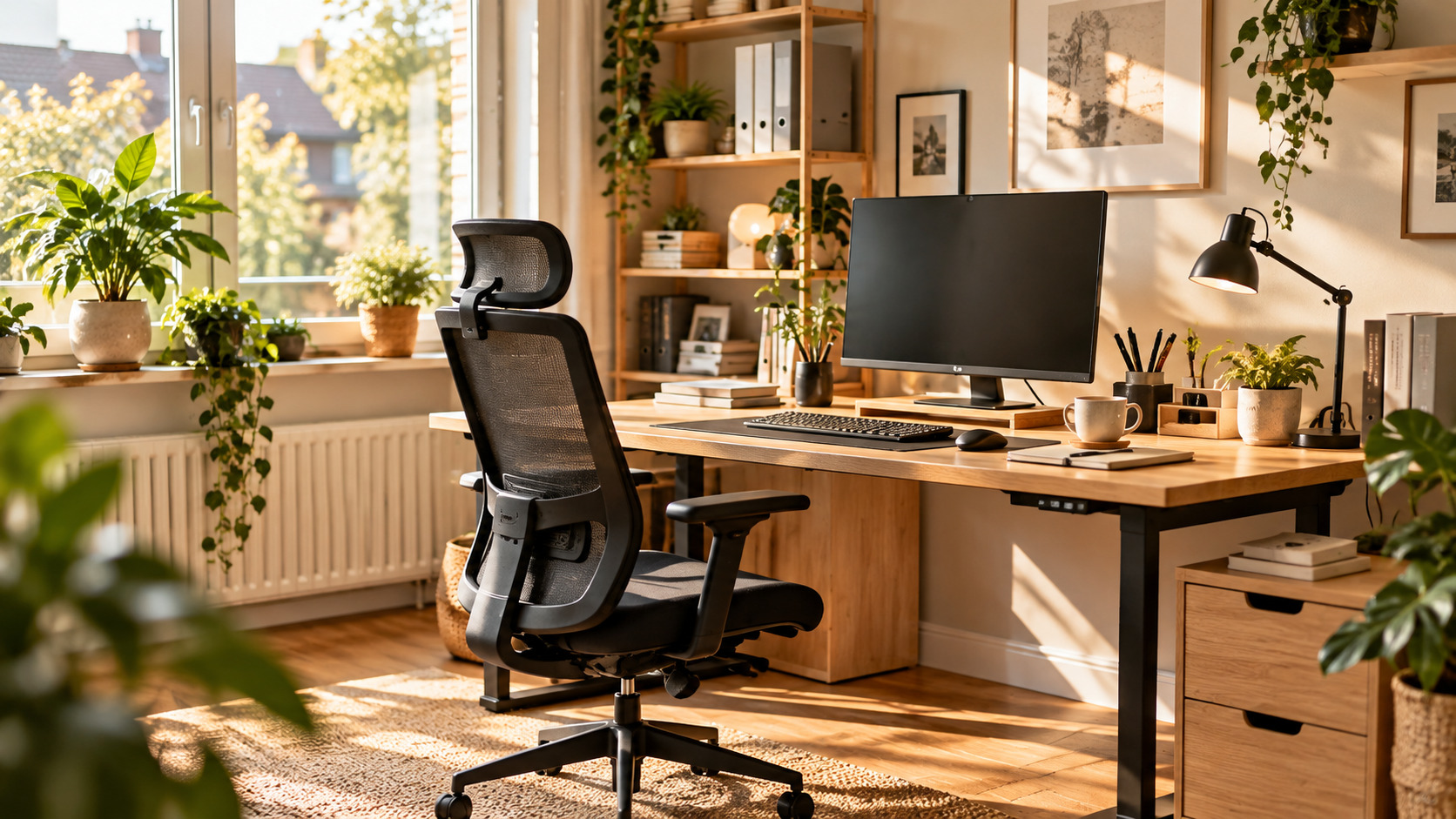 Modernes, funktionales Homeoffice mit Schreibtisch, ergonomischem Bürostuhl und Monitor in einem hellen Wohnraum.