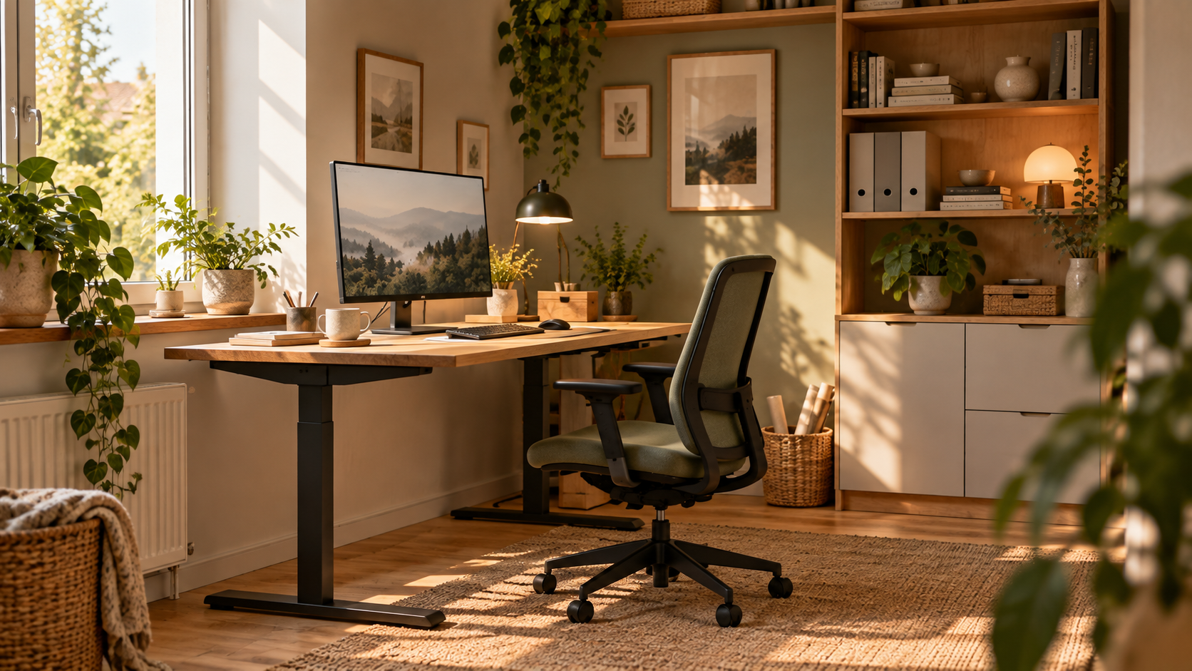 Heller Homeoffice-Arbeitsplatz mit Schreibtisch, Bildschirm und Tageslicht.
