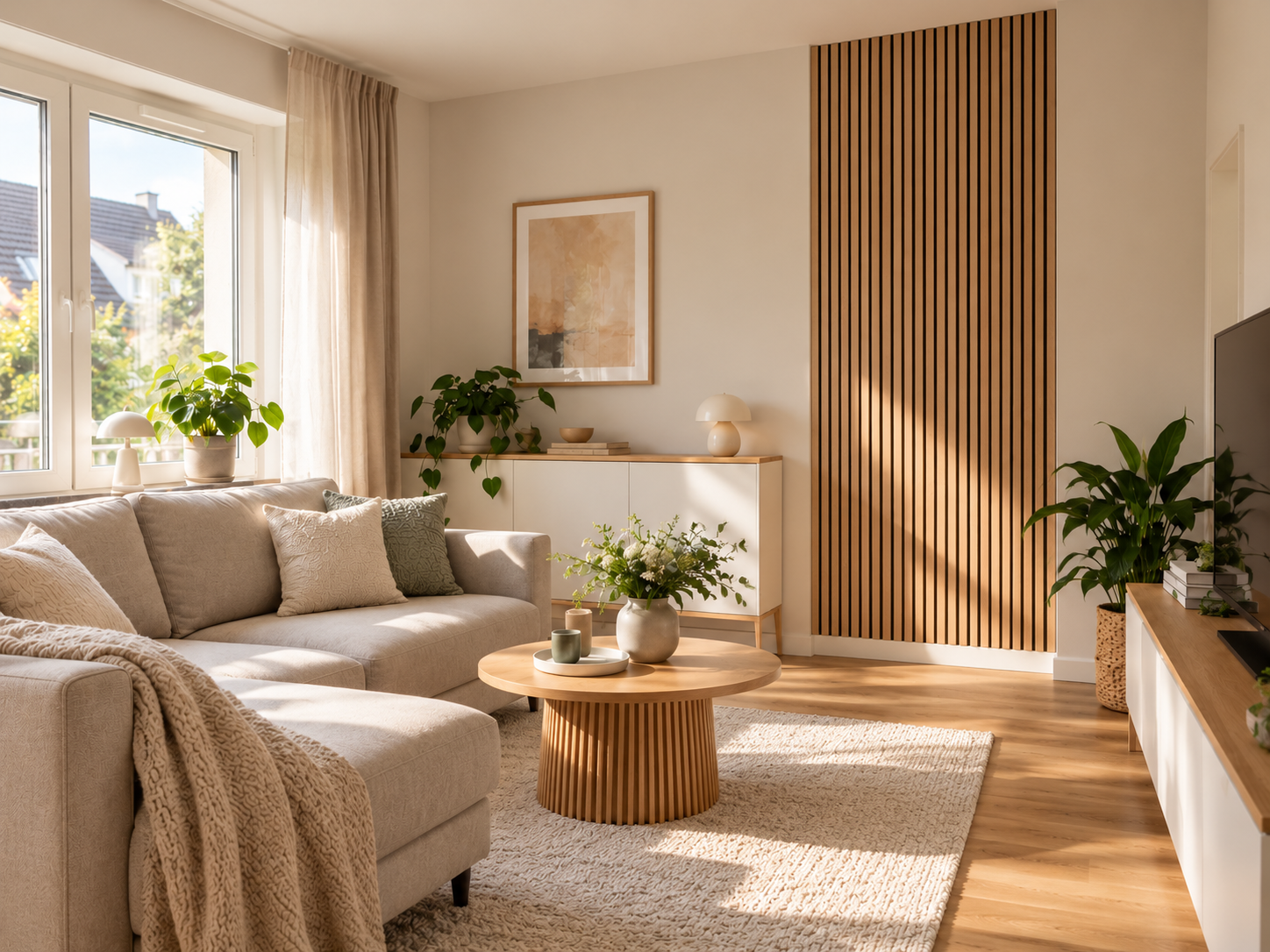 Helles Wohnzimmer mit beigem Sofa und kompakter Akustikpaneel-Akzentwand aus vertikalen Eichenlamellen.