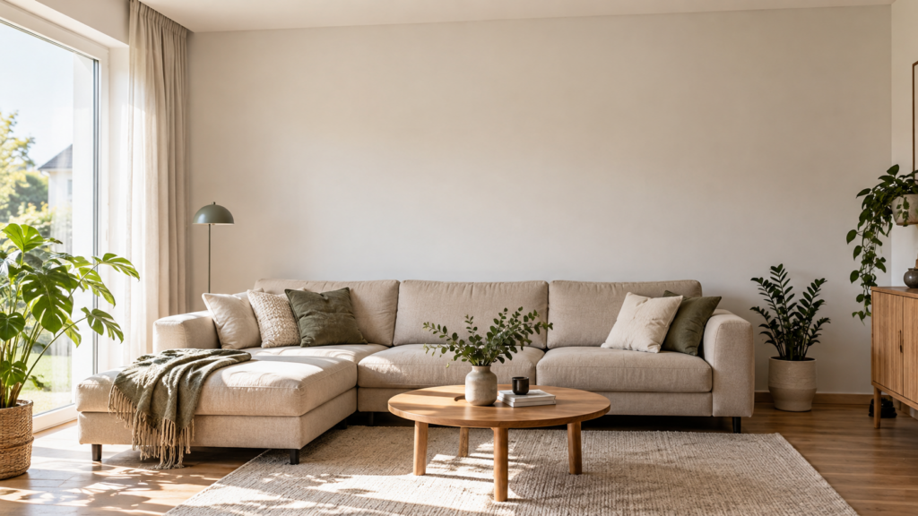 Helles Wohnzimmer mit beigem Sofa und freier Wand vor der Akustikpaneel-Planung.