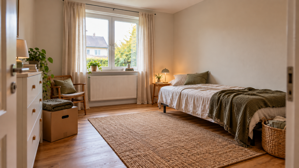 Einfach eingerichtetes Gästezimmer mit Bett, Kommode, Sessel und einem Karton auf dem Holzboden.
