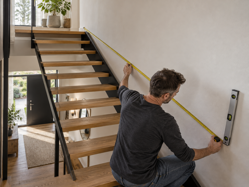 Handwerker misst mit einem Maßband die schräge Wand neben einer offenen Holztreppe aus, um die Montage von Akustikpaneelen vorzubereiten.