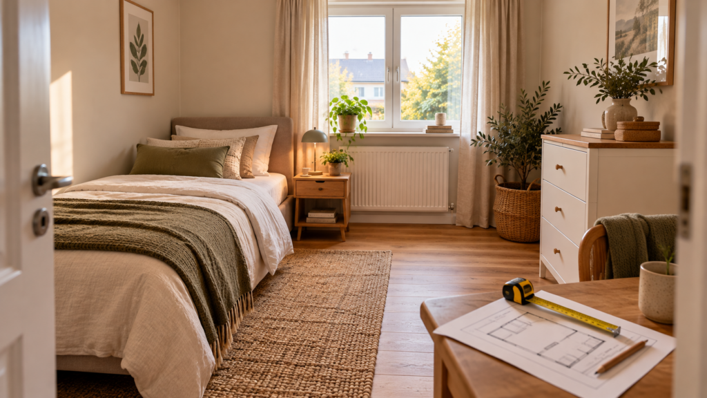 Gästezimmer mit Bett, Kommode und freien Laufwegen sowie einem Grundriss und Maßband auf einem Tisch.