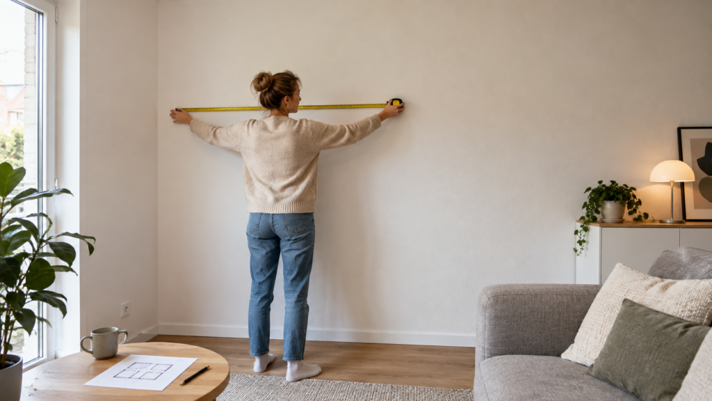 Frau misst mit einem gelben Maßband eine helle Wohnzimmerwand aus, um die Montage von Akustikpaneelen vorzubereiten.