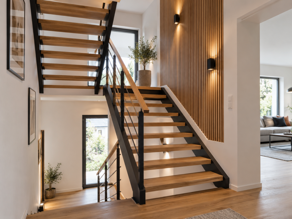 Offene Holztreppe mit schwarzer Stahlkonstruktion und einer hohen Wandfläche aus vertikalen Eichenlamellen mit warmen Wandleuchten.