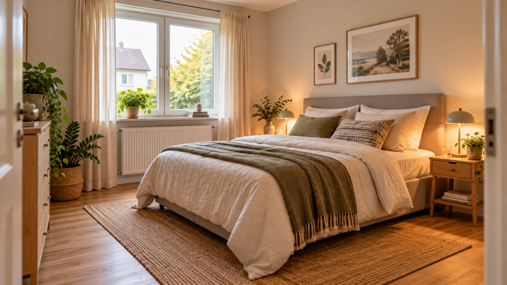 Gemütliches Gästezimmer mit Doppelbett, hellen Kissen, olivgrüner Tagesdecke und Nachttischen mit Leselampen.