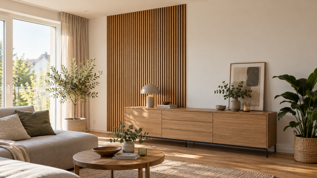 Vertikale Akustikpaneele aus hellem Holz bilden eine begrenzte Wandfläche hinter einem langen Sideboard im Wohnzimmer.