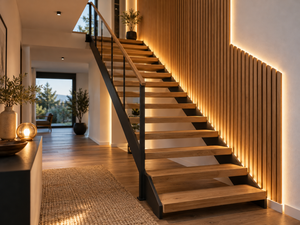 Vertikale Holzlamellen mit abgestuftem Abschluss entlang einer offenen Treppe und warmer indirekter LED-Beleuchtung am Übergang zur weißen Wand.