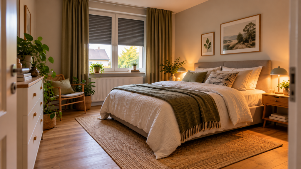 Gästezimmer mit Doppelbett, teilweise geschlossenen Rollläden, dunklen Vorhängen und warm leuchtenden Nachttischlampen.