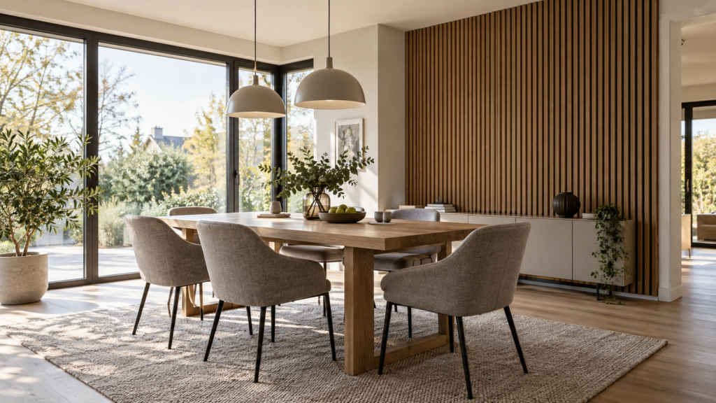 Heller Essbereich mit Holz-Akustikpaneelen an der Wand, großflächigen Fenstern, Esstisch und Teppich.