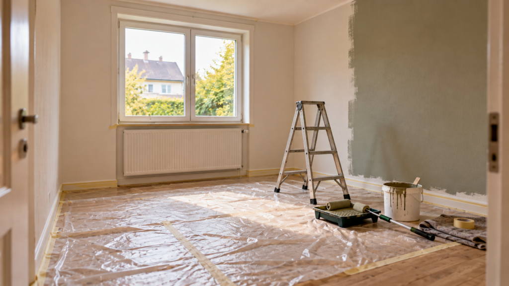 Gästezimmer während der Renovierung mit teilweise gestrichener Wand, Malerleiter, Farbeimer und abgedecktem Fußboden.