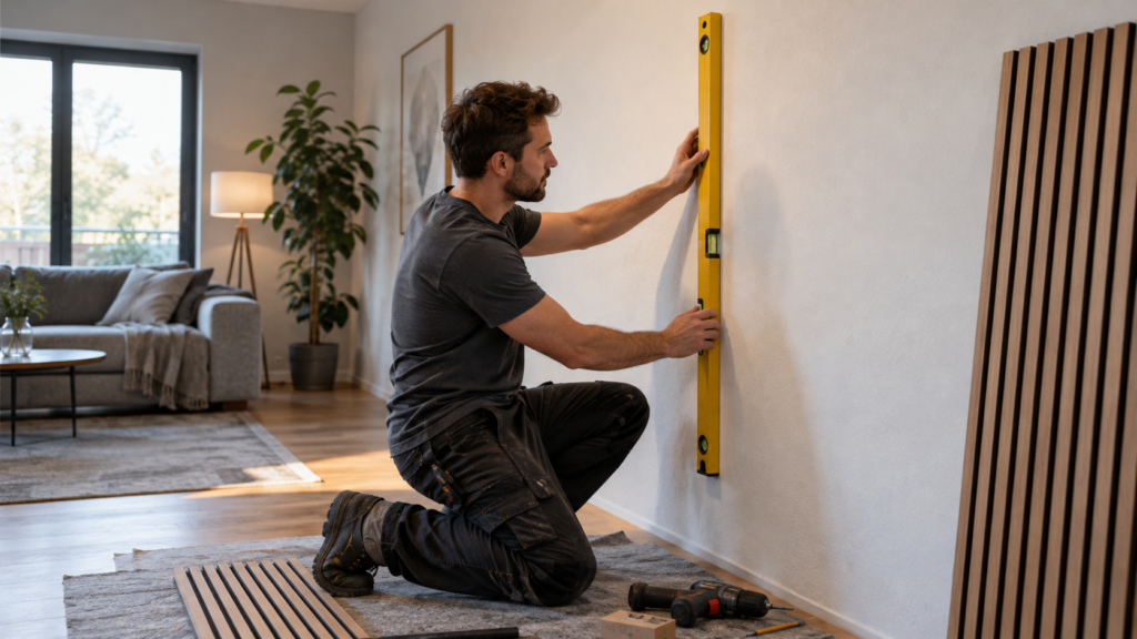 Handwerker überprüft mit einer gelben Wasserwaage eine Wohnzimmerwand vor der Montage von Akustikpaneelen.