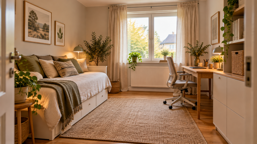 Multifunktionales Gästezimmer mit Schlafsofa, Schreibtisch, ergonomischem Bürostuhl und geschlossenem Stauraum.