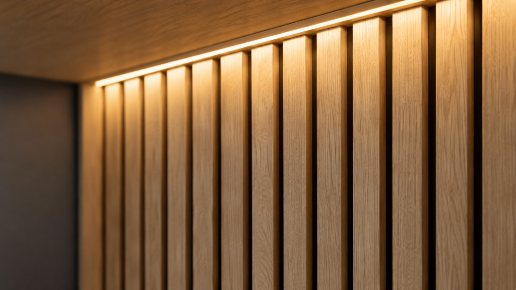 Nahaufnahme vertikaler Eichenlamellen mit einer indirekten warmweißen LED-Lichtleiste am oberen Wandabschluss.