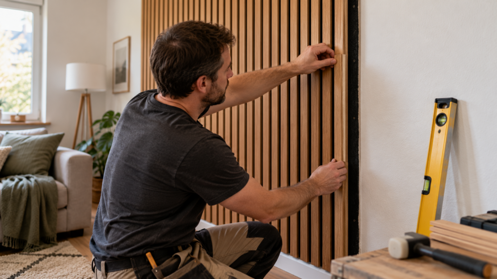 Handwerker richtet eine schmale Abschlussleiste aus Eichenholz an der offenen Seitenkante einer Akustikpaneelwand aus.