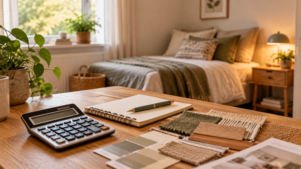 Taschenrechner, Notizbuch, Stift und Materialmuster auf einem Holztisch vor einem gemütlich eingerichteten Gästezimmer.