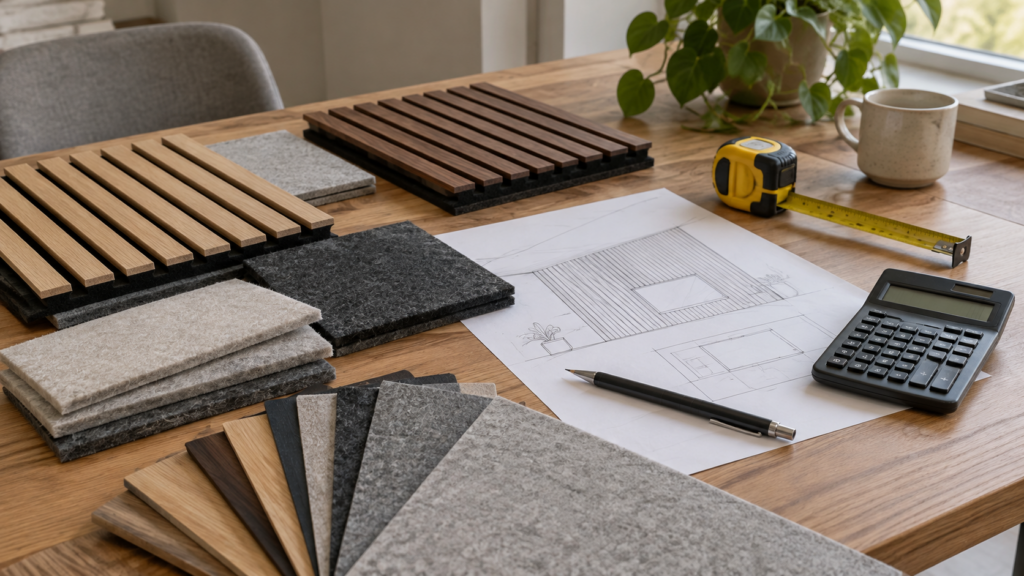 Akustikpaneel-Muster aus Holz, Filzproben, Maßband, Taschenrechner und Planungsskizze auf einem Holztisch.