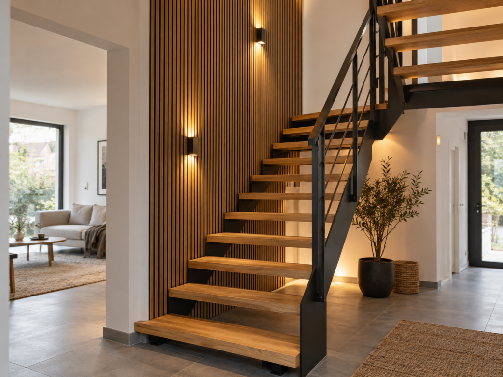 Modern gestalteter Treppenaufgang mit offenen Eichenstufen, schwarzer Stahlkonstruktion, vertikaler Holzlamellenwand und warmen Wandleuchten.