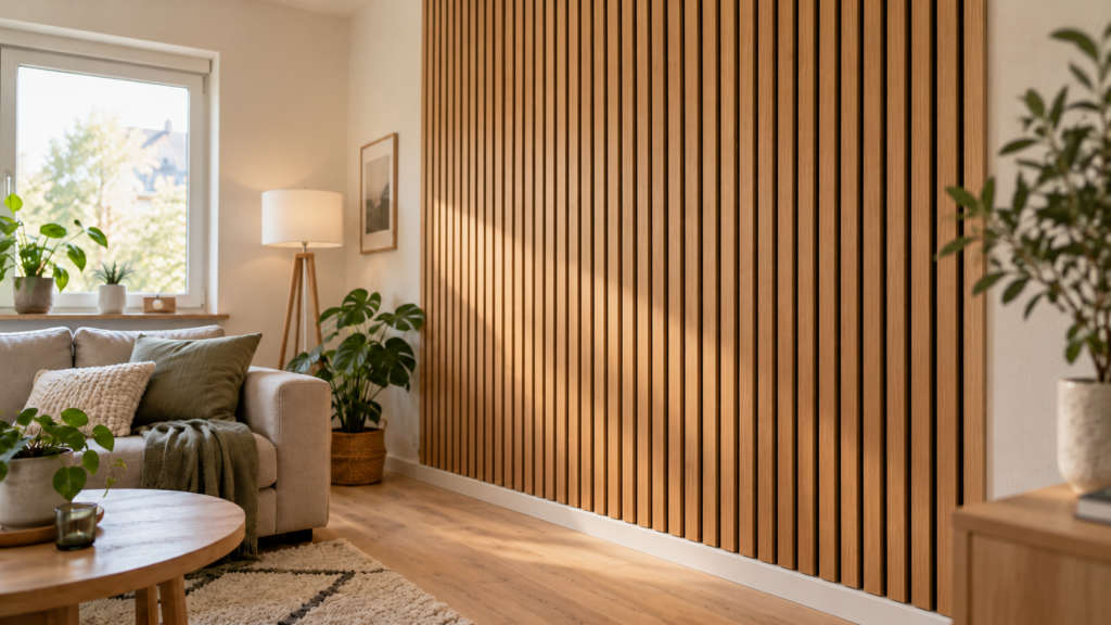 Modernes Wohnzimmer mit fertig montierter Eiche-Akustikpaneelwand, sauberem Seitenabschluss und weißer Sockelleiste.
