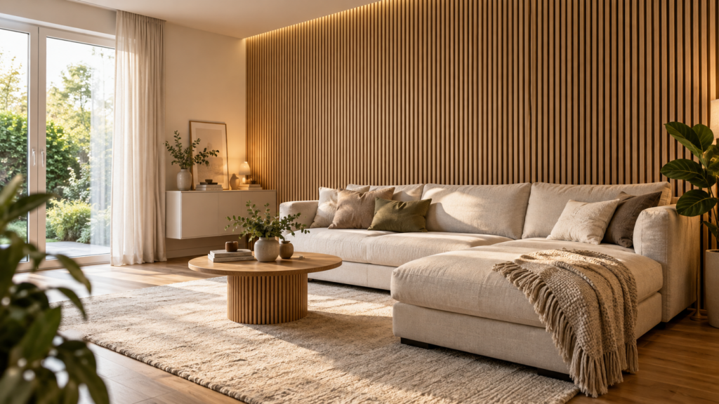 Modernes Wohnzimmer mit beigem Ecksofa, rundem Holztisch und fertig montierter Akustikpaneelwand aus Eichenlamellen.