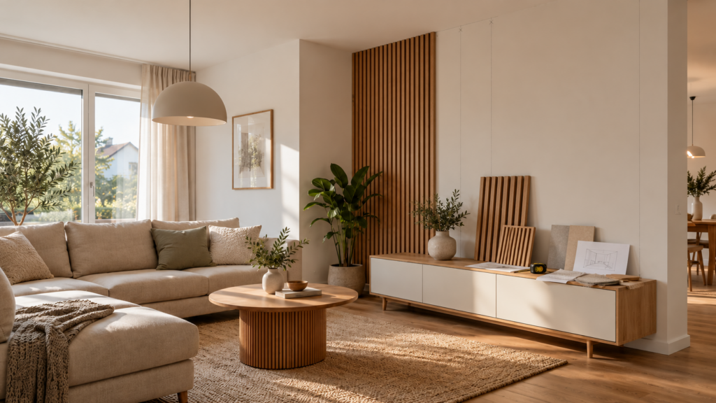Helles Wohnzimmer mit teilweise montierten Holz-Akustikpaneelen, Materialmustern und Maßband zur Planung der Wandgestaltung.