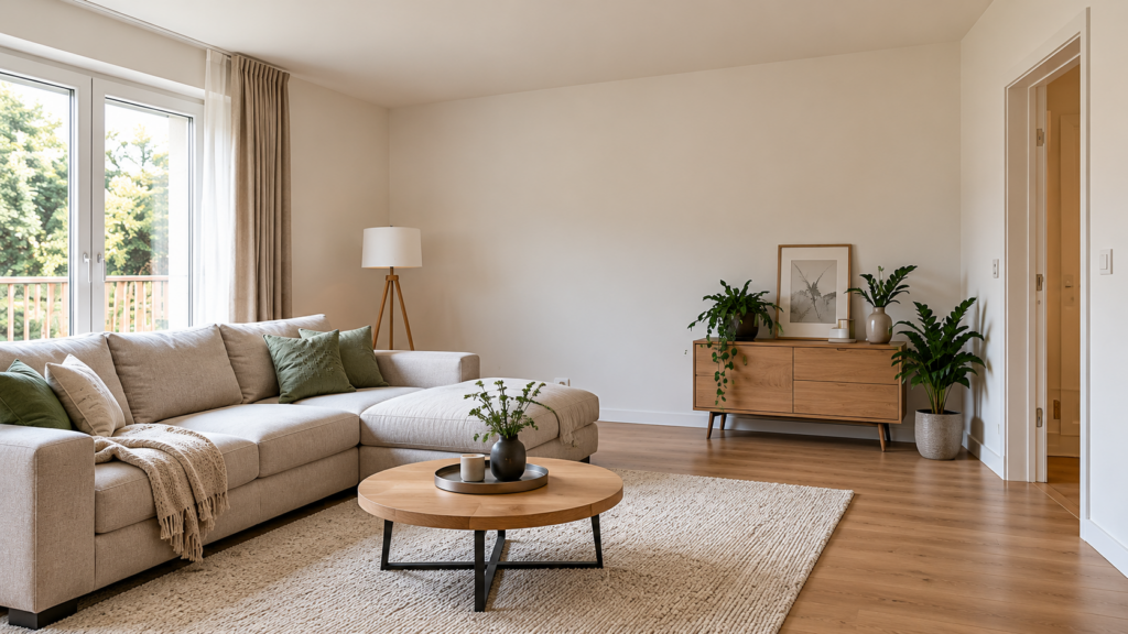 Helles Wohnzimmer mit beigem Sofa, Holzsideboard und freien Wandflächen vor der Planung von Akustikpaneelen.