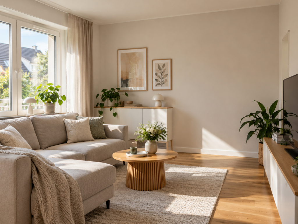 Helles kleines Wohnzimmer mit beigem Sofa und freier Wandfläche vor der Montage von Akustikpaneelen.