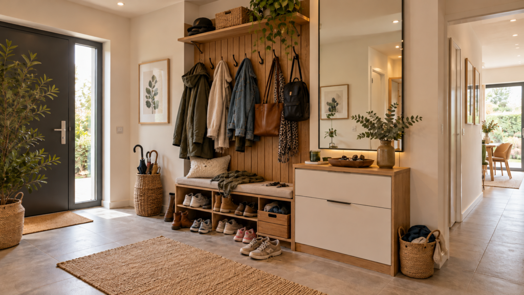 Flur mit Jacken, Schuhen, Taschen und Garderobenbank als Ausgangspunkt für die Bestandsaufnahme vor der Garderobenplanung.