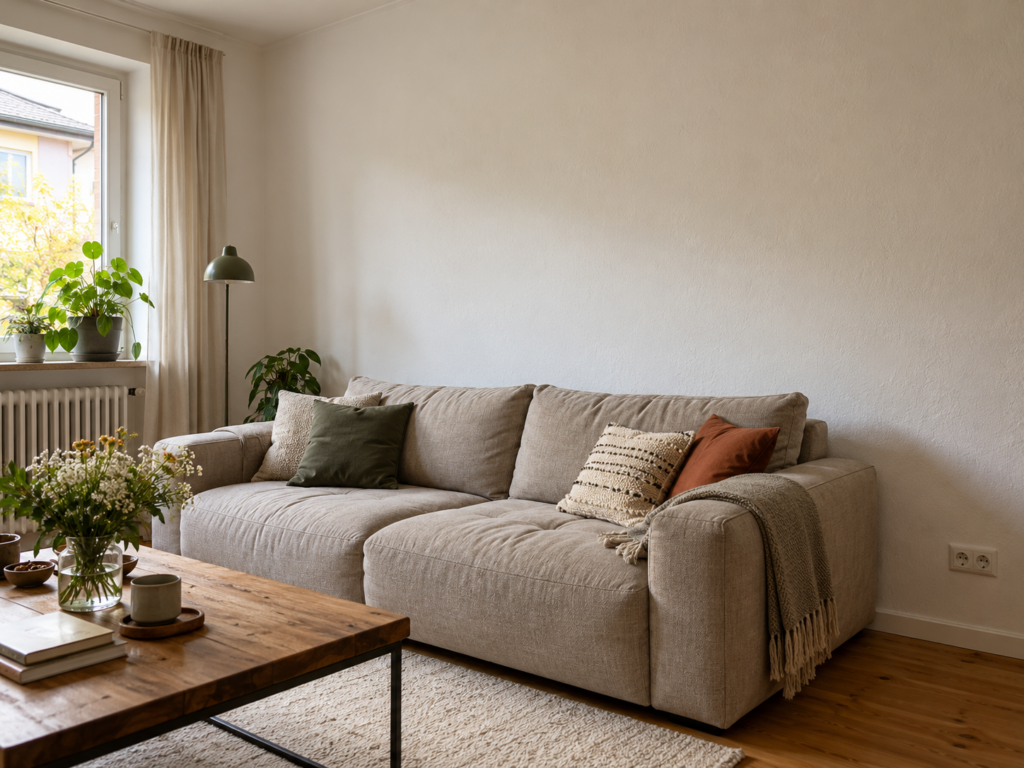 Wohnzimmer mit beigem Sofa, heller verputzter Wand und vorhandener Steckdose vor der Nachrüstung von Akustikpaneelen.