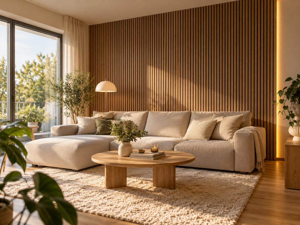 Gemütliches Wohnzimmer mit beigem Ecksofa, Eichen-Akustikpaneelen und dezenter indirekter Beleuchtung.