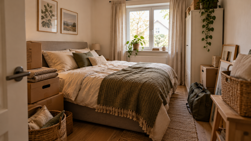 Kleines Gästezimmer mit ausgezogenem Schlafsofa, großem Kleiderschrank und Koffer im engen Laufweg.