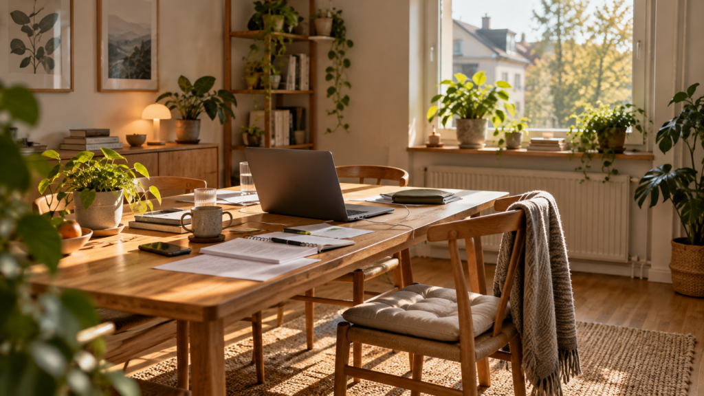 Improvisierter Homeoffice-Arbeitsplatz mit Laptop, Unterlagen und Kaffeetasse auf einem Holzesstisch im hellen Wohnbereich.