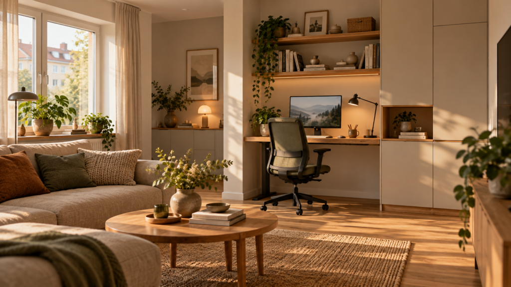 Gemütliches Homeoffice mit großem Schreibtisch, Monitor, Pflanzen und warmem Licht am Fenster.