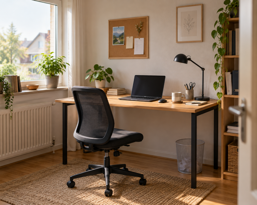 Gemütlicher Homeoffice-Arbeitsplatz mit einfachem Holzschreibtisch, schwarzem Bürostuhl, Laptop und Schreibtischleuchte neben einem Fenster.