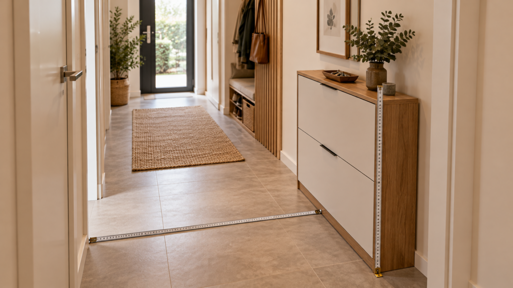 Schmaler Flur mit Schuhschrank und Maßband zur Planung der richtigen Möbeltiefe und freien Durchgangsbreite.