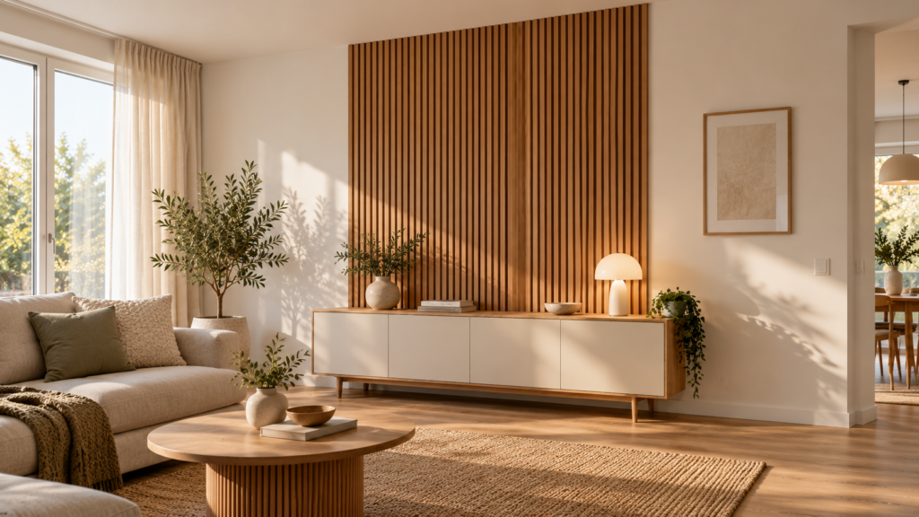 Wohnzimmer mit einer harmonisch proportionierten Akustikpaneel-Teilfläche aus vertikalen Holzlamellen hinter einem Sideboard.