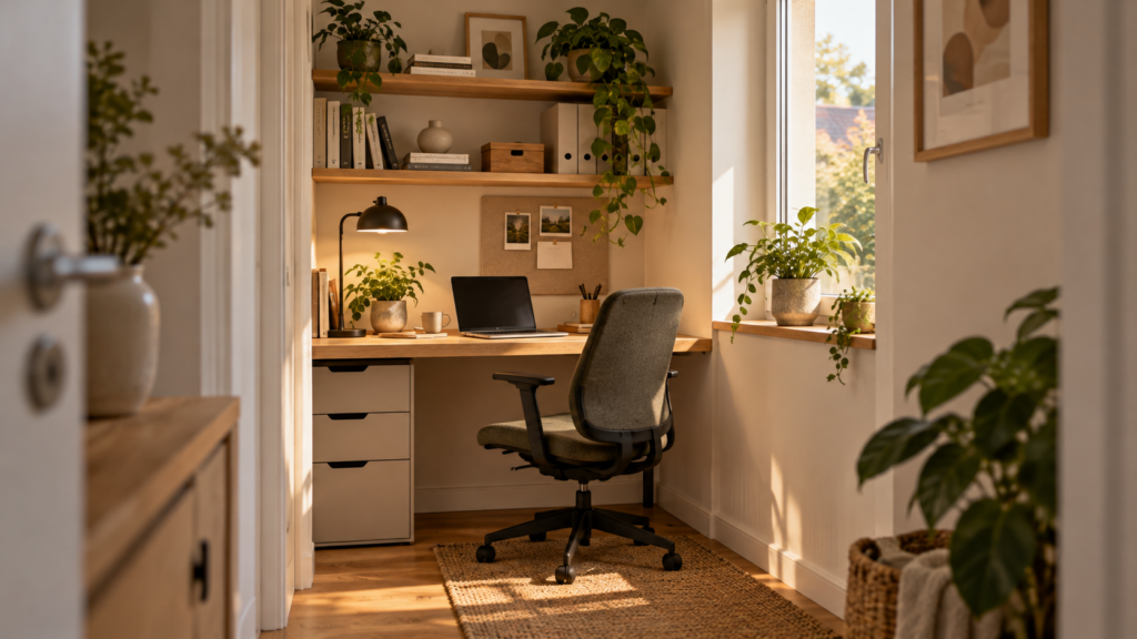 Kompakter Homeoffice-Arbeitsplatz mit Laptop, Tisch und Regal in einer kleinen Wohnnische.