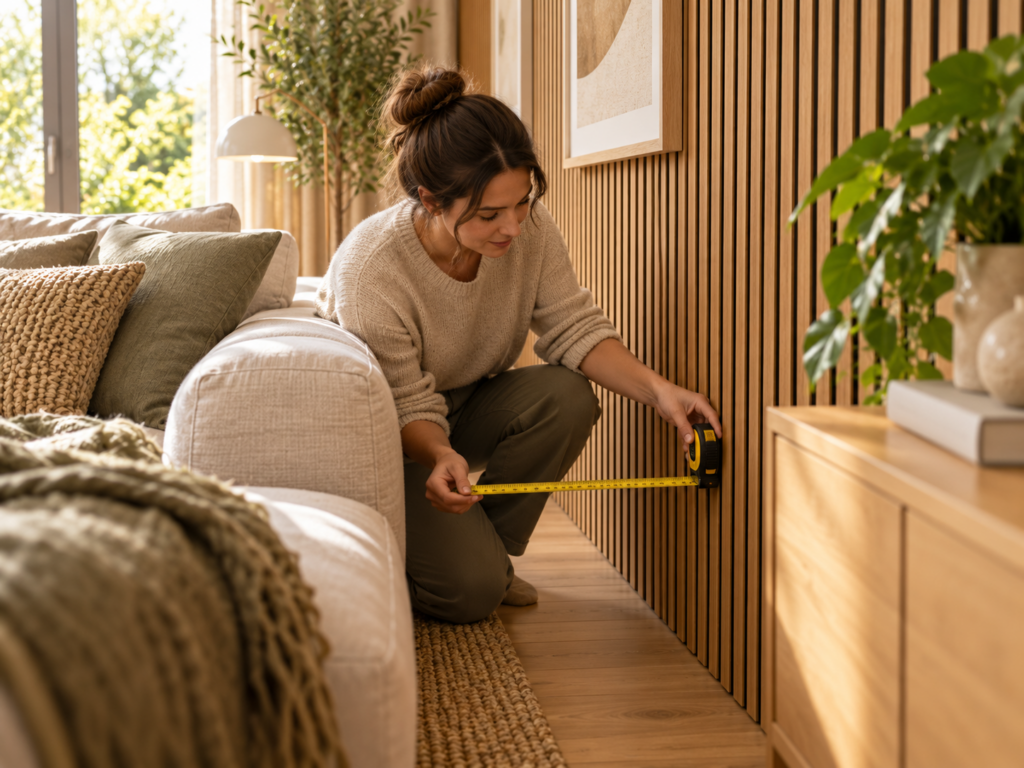 Frau misst mit einem Maßband den Abstand zwischen Sofa, Sideboard und einer Wand mit Holz-Akustikpaneelen.