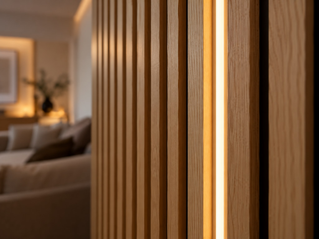 Nahaufnahme einer warmweißen LED-Lichtlinie zwischen vertikalen Holzlamellen einer Akustikpaneelwand.