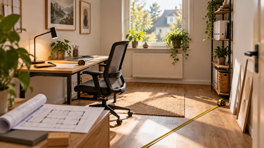 Kleines Homeoffice mit Schreibtisch, Bürostuhl, Maßband und Raumskizze zur Planung der Stellfläche.